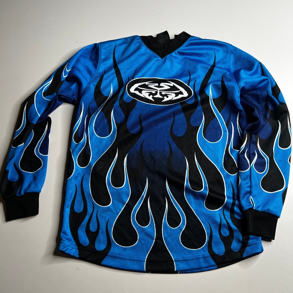 MTX Motocross Jersey Blue Black Flame Graphic Long Sleeve Mesh Top Size S/8
